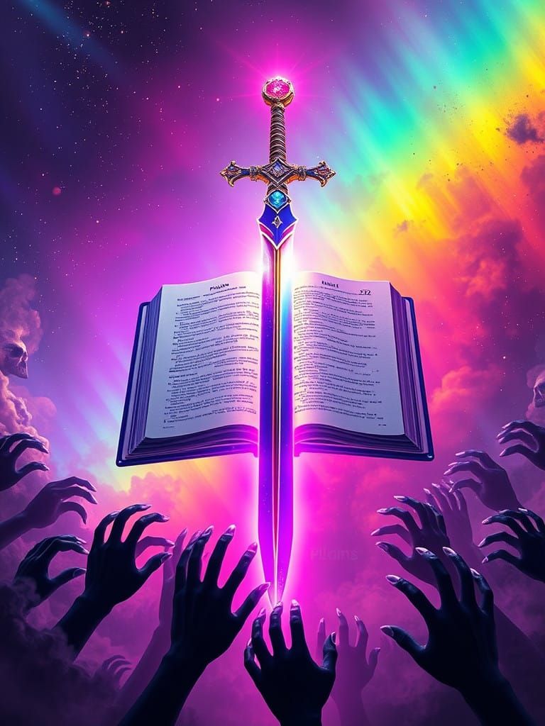 Radiant Bible Sword in a Rainbow Universe