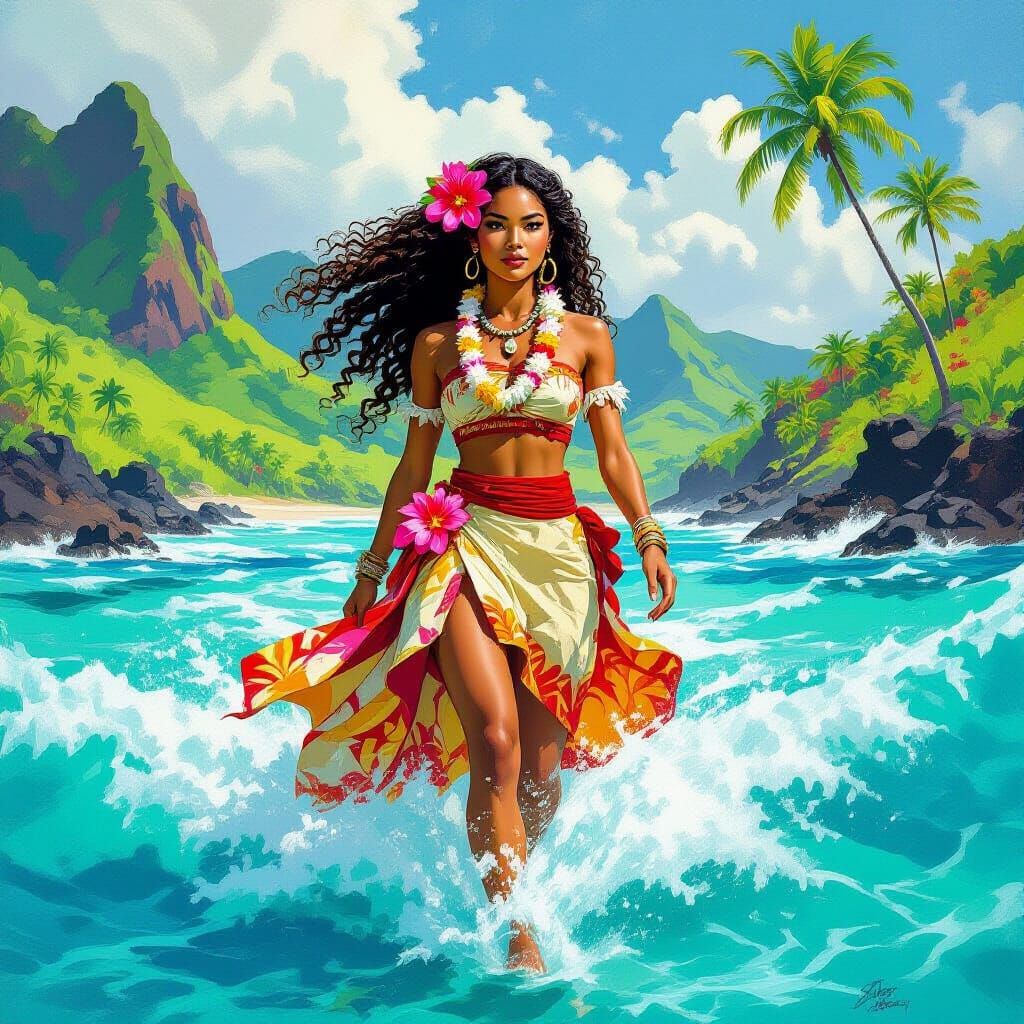 Hawaiian Woman in Turquoise Waves: Fantasy Art