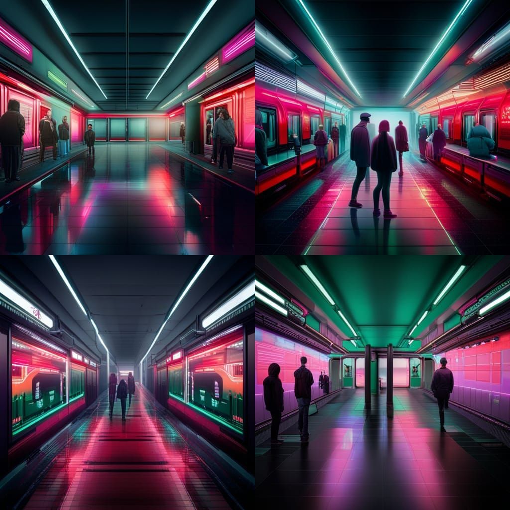 Cyberpunk Subway Platform Packed with People at Night