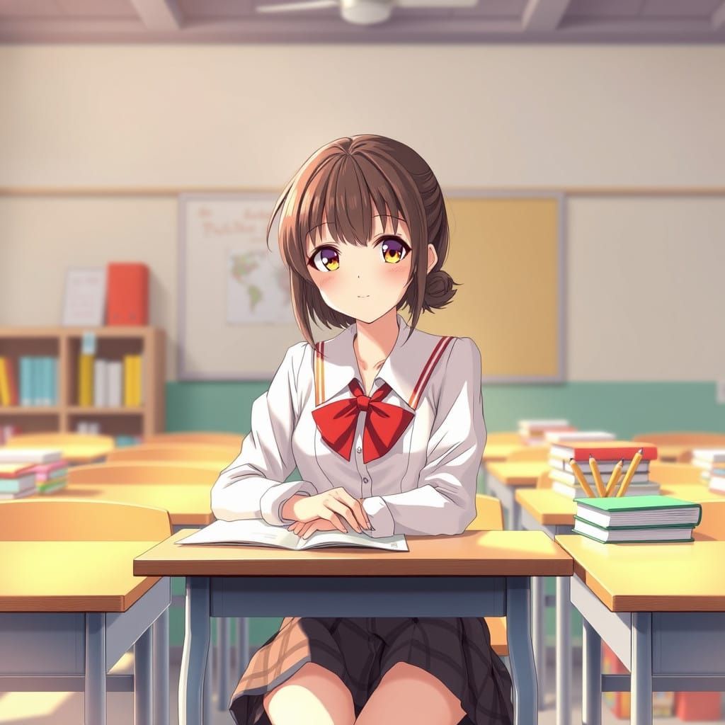 Charming Schoolgirl in Vibrant High School Classroom