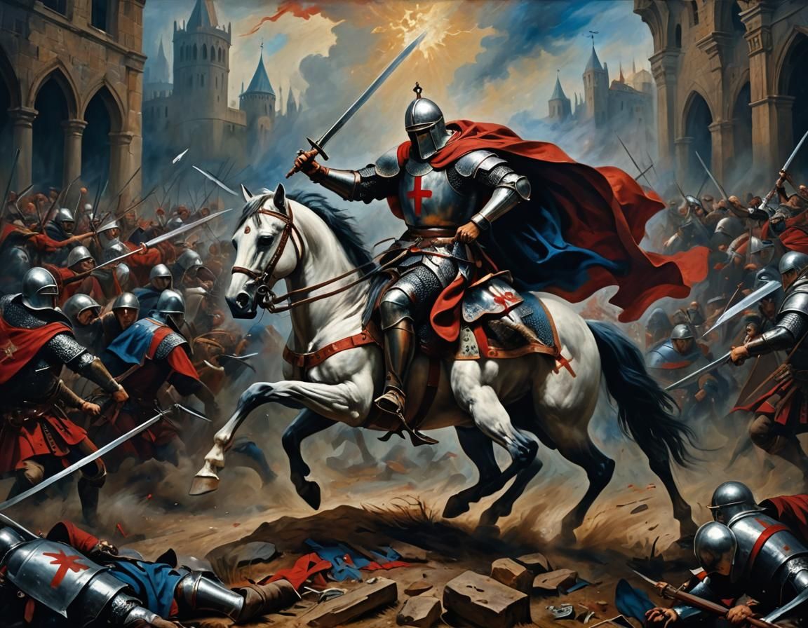 Crusader in Combat as Renaissance Oil Painting