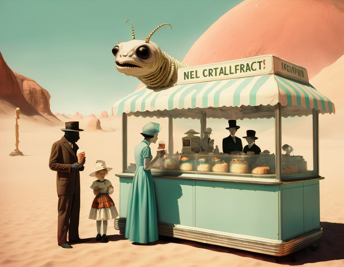 Surreal Desert Meeting of Caterpillar Aliens and Children