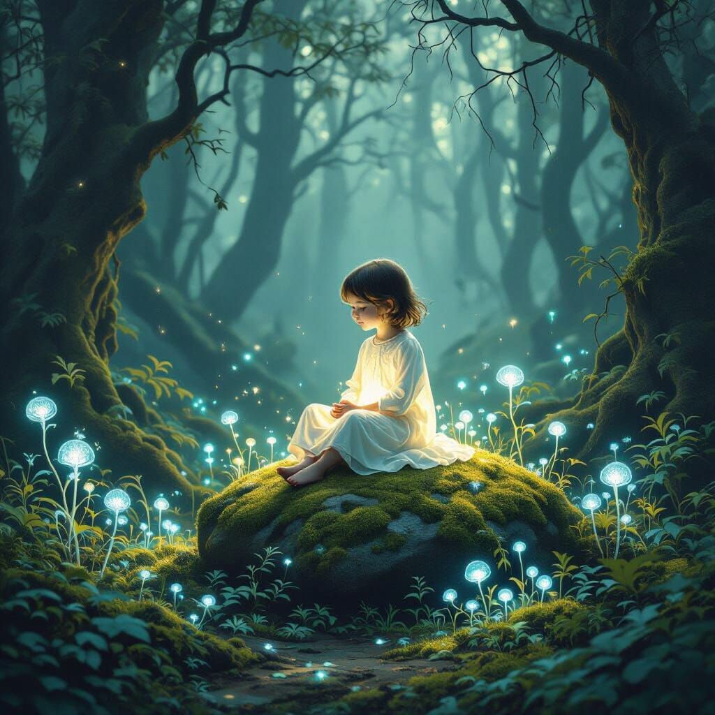 Ethereal Child in Bioluminescent Forest