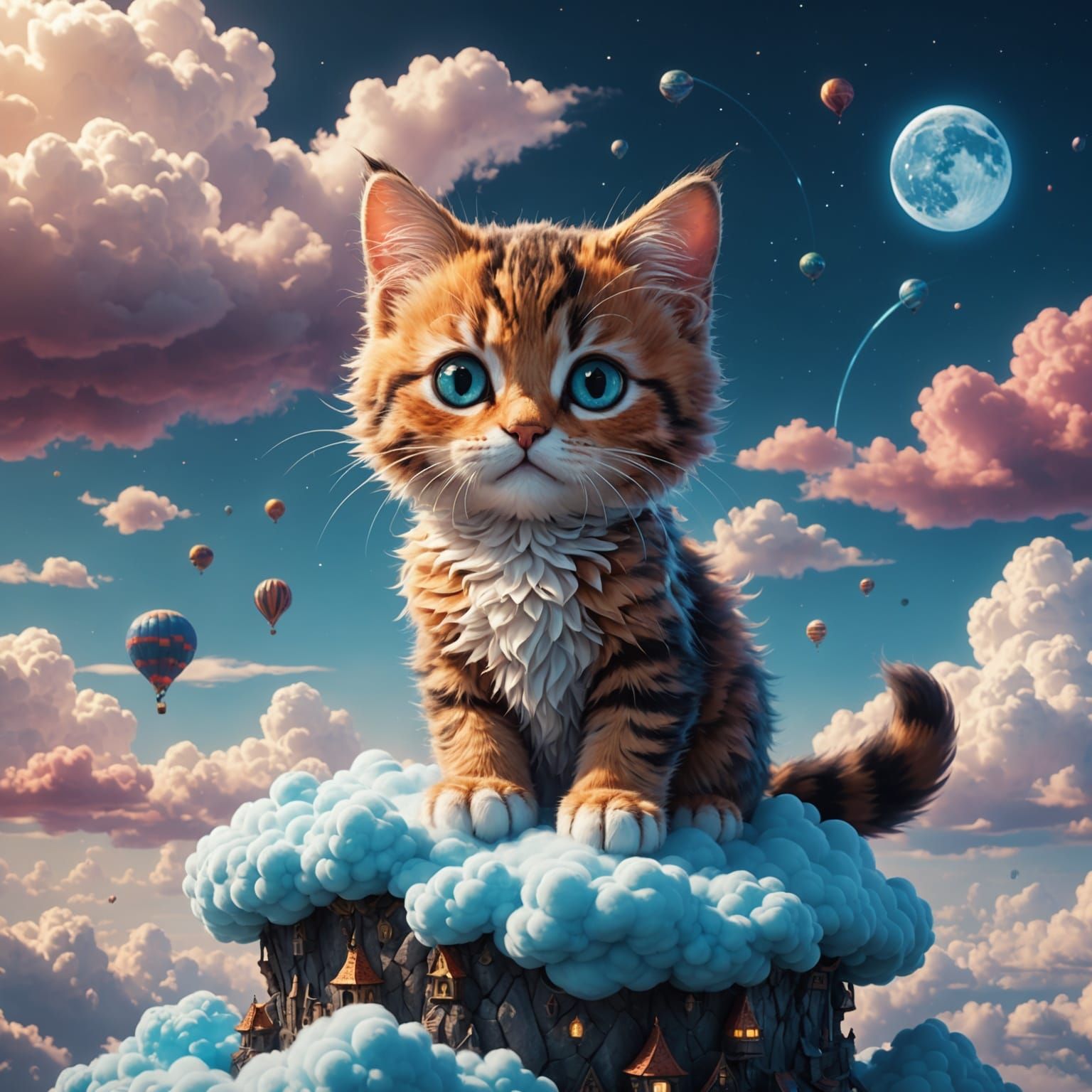 Cute Kitty Lounging on Cloud in Fantasy Art