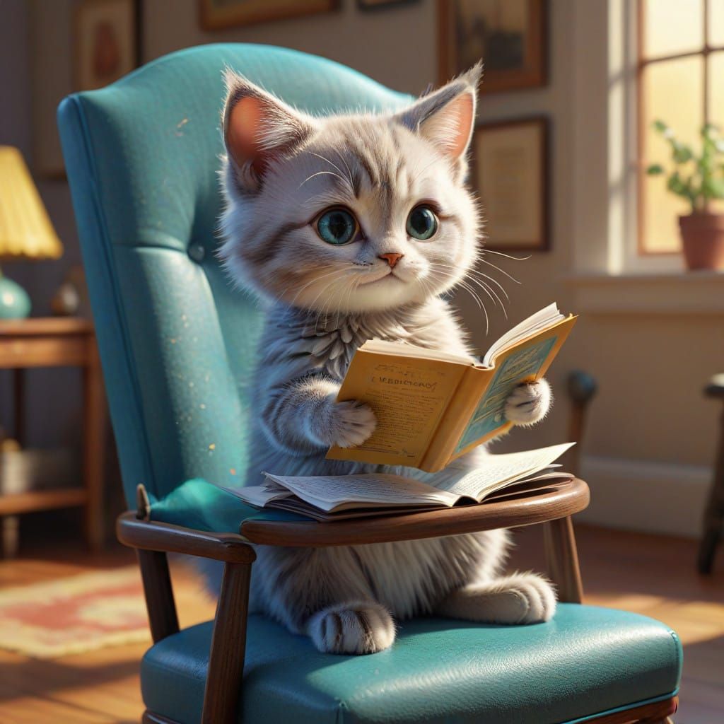 Whimsical Kitten Reads Menu in Bright, Sunny Setting