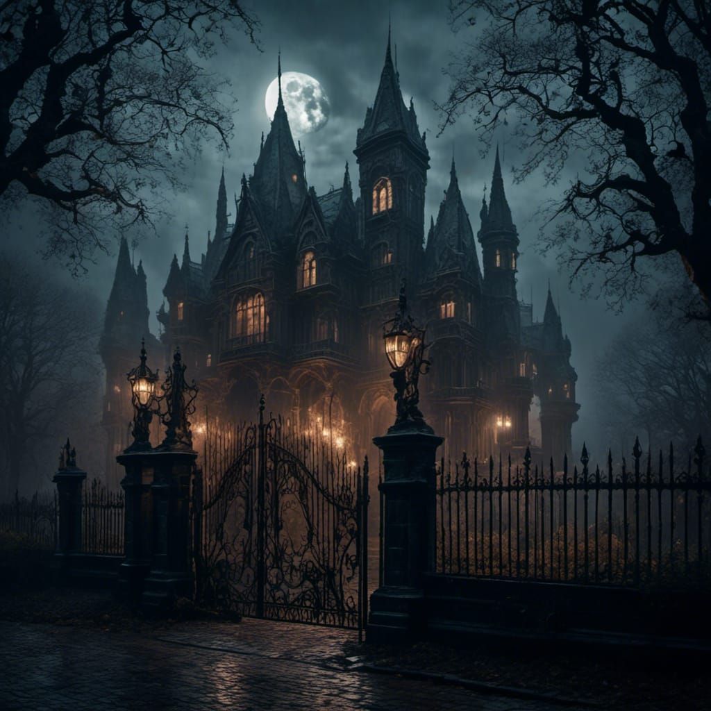 Ominous Gothic Manor in Vaporwave Style