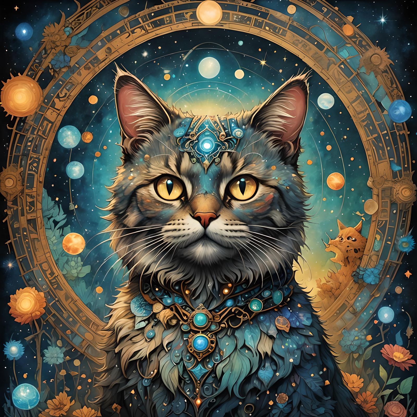 Cosmic Cat Illustration in Visionary Art Style