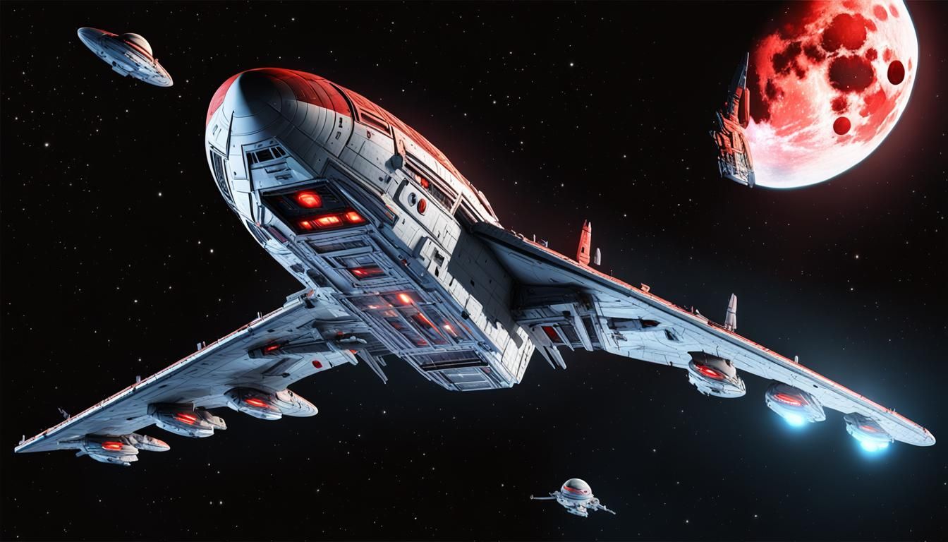 Alien Spaceship Flies By Red Moon in Comic Art Style