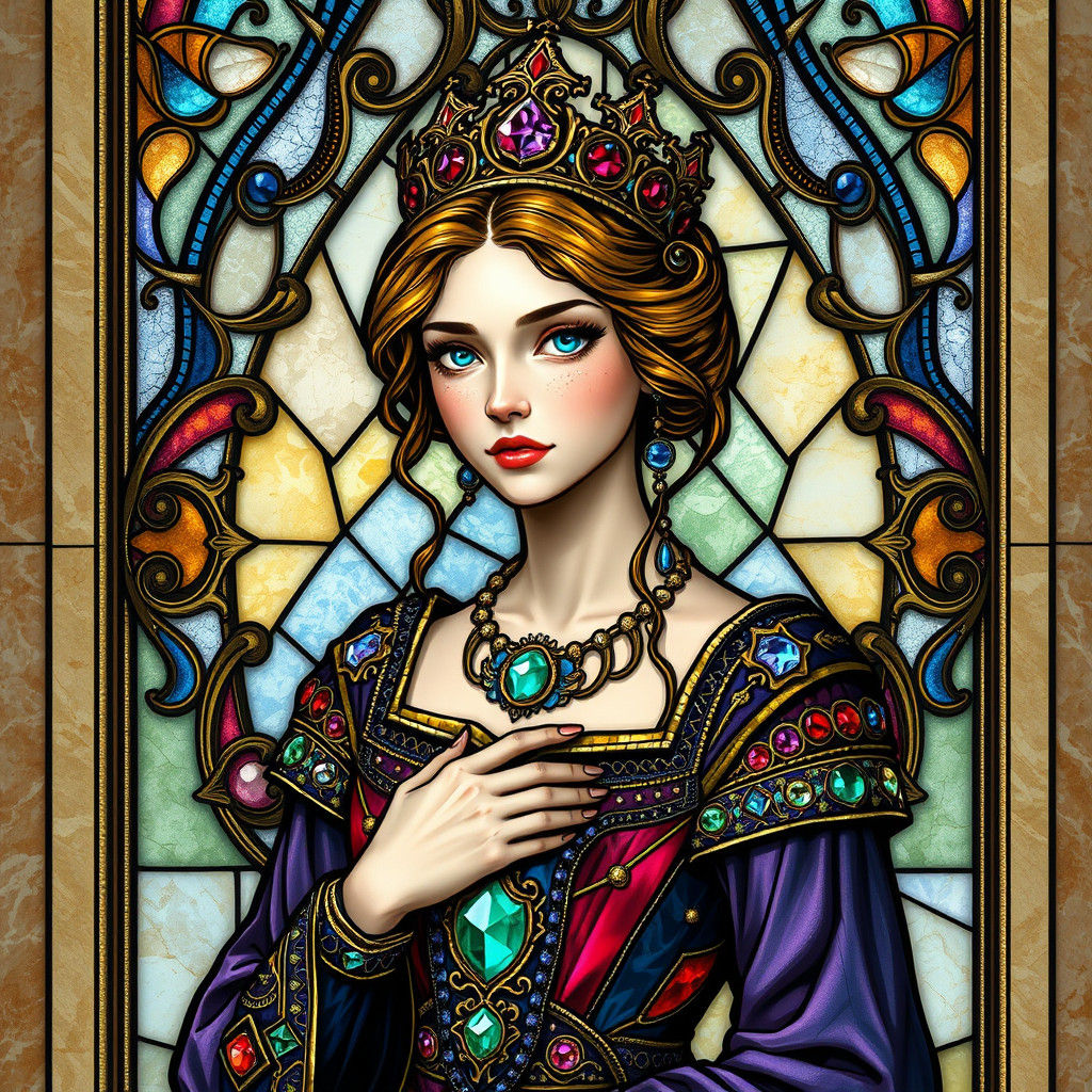 Medieval Woman in Stained Glass with Kintsugi
