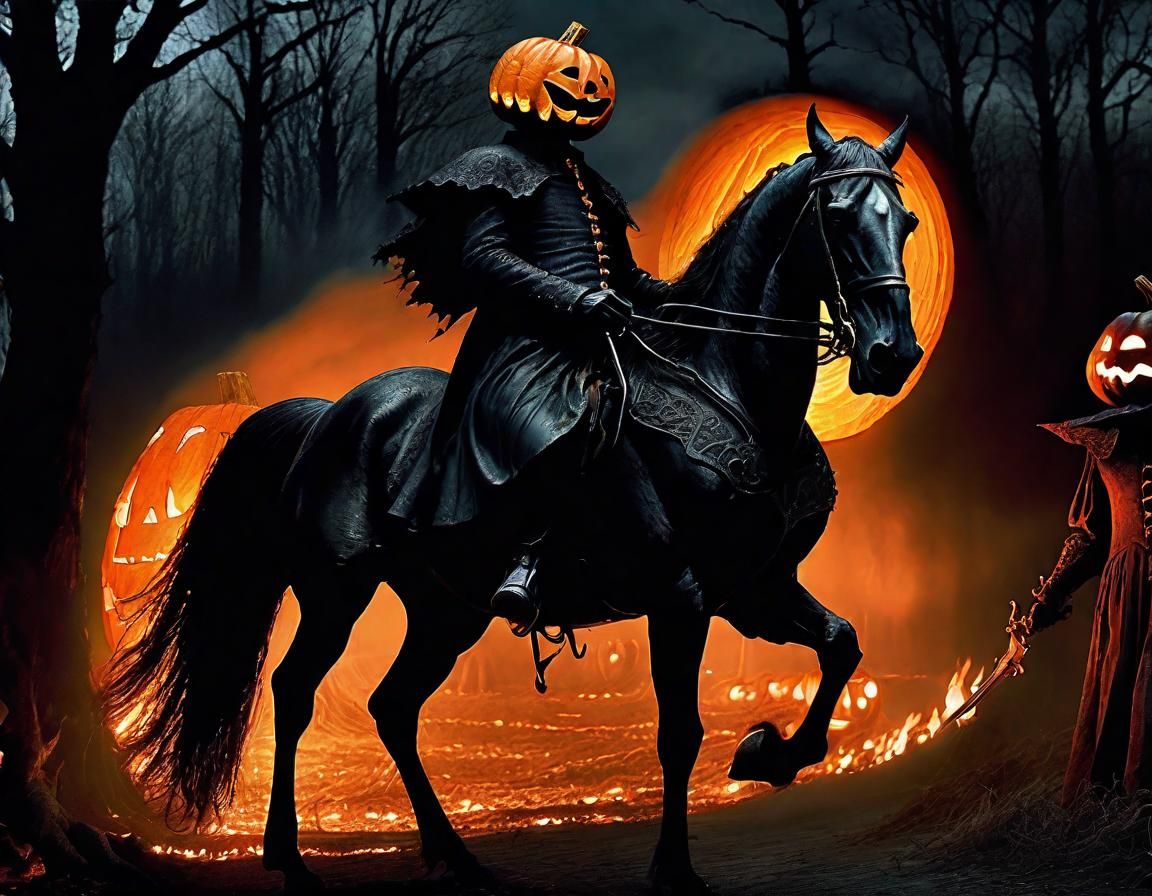 Headless Horseman with Jack O'Lantern Head in Dark Fantasy S...