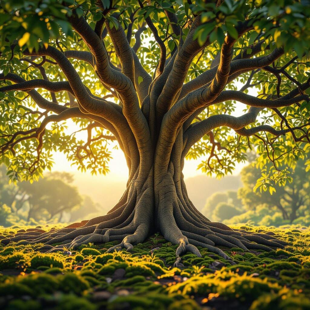 Hyperrealistic Banyan Tree with Ethereal Golden Hour Light