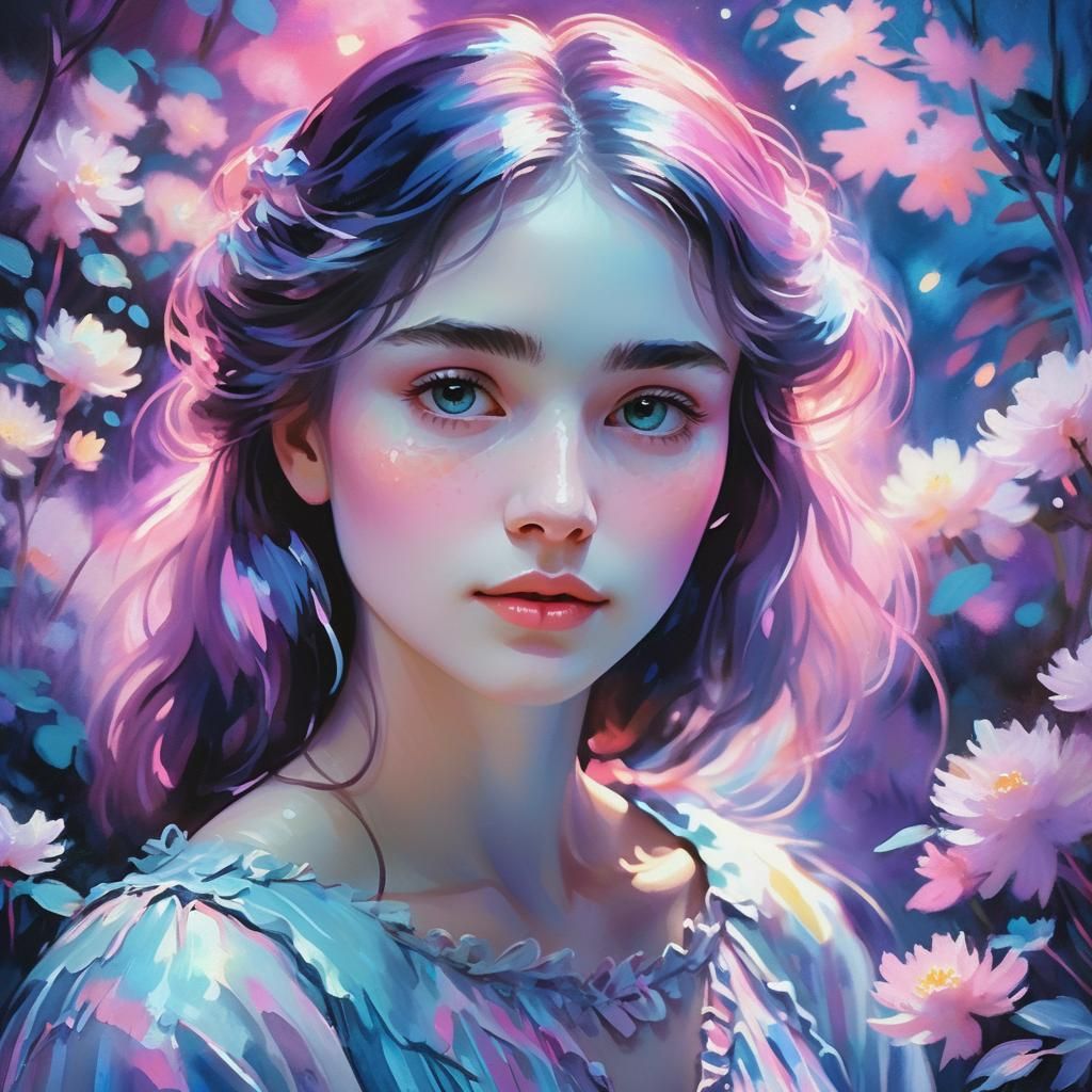 Impressionist Girl in Moonlit Garden with Neon Glow