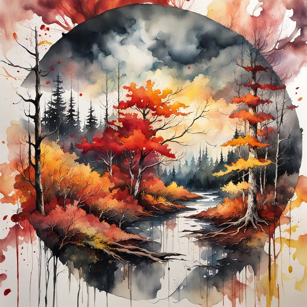 Autumn Forest Creek: Neurographic Ink and Watercolor