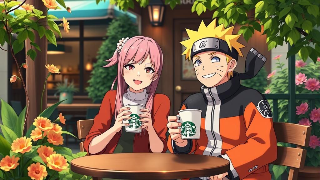 Sakura and Naruto at Cafe, Ghibli Anime Style