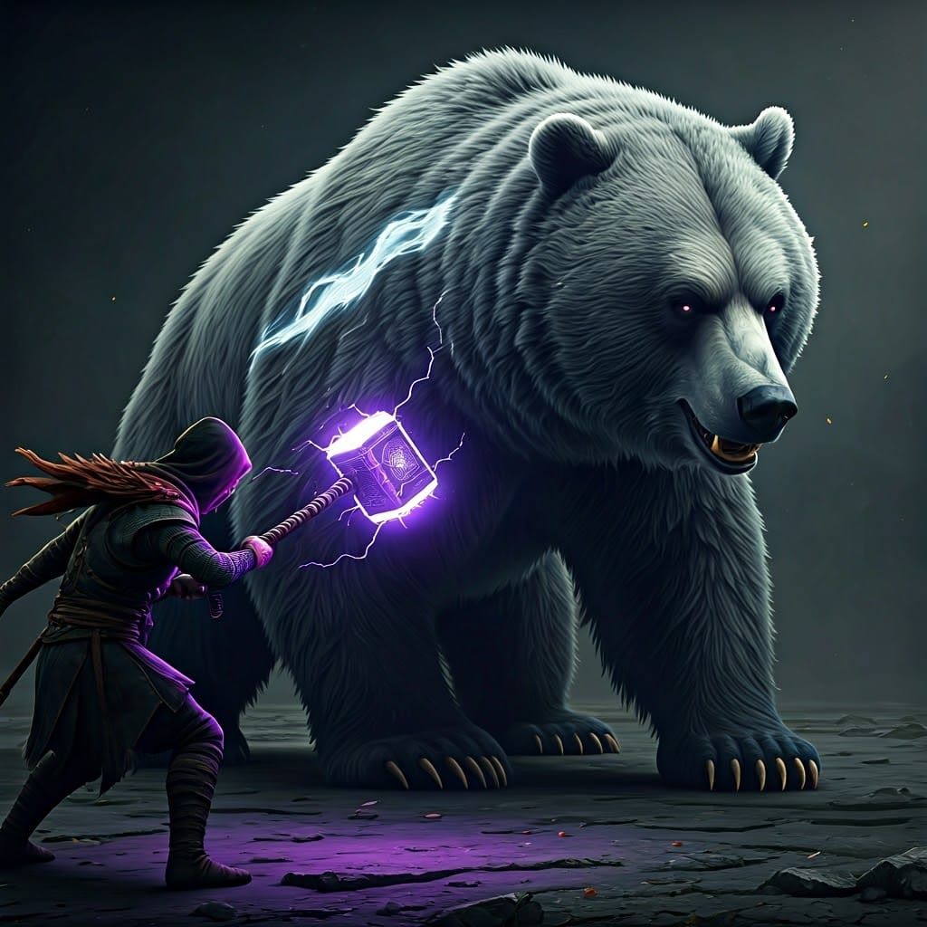 Epic Battle: Figure with Hammer vs. Glowing Bear