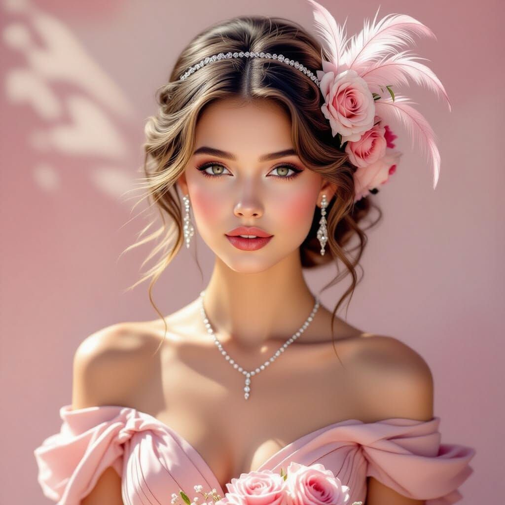 Romantic Portrait of Woman in Blush Pink, Painterly Style