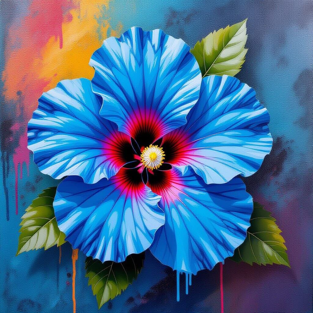 Hyperrealistic Blue Hibiscus with Graffiti Art Background
