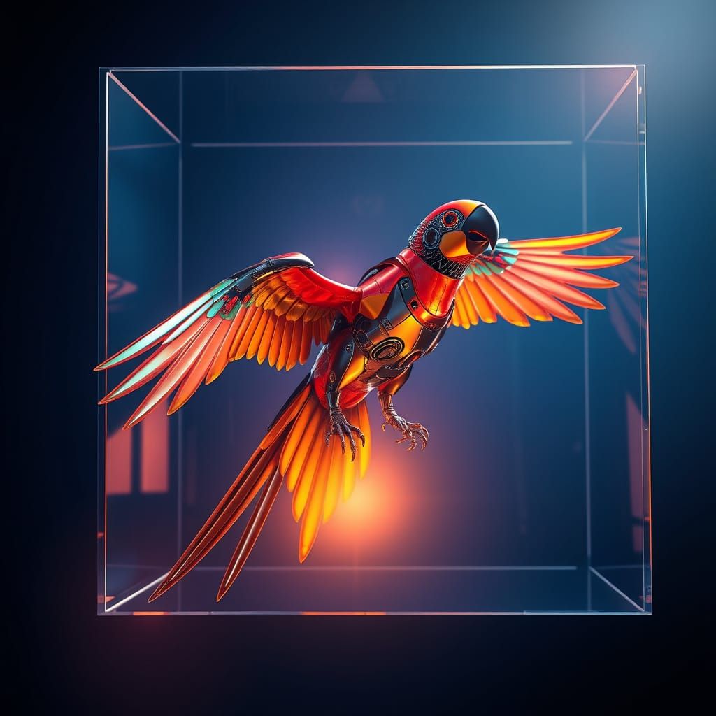 Steel Tech Parrot in Weightless Flight within a Glowing Cube
