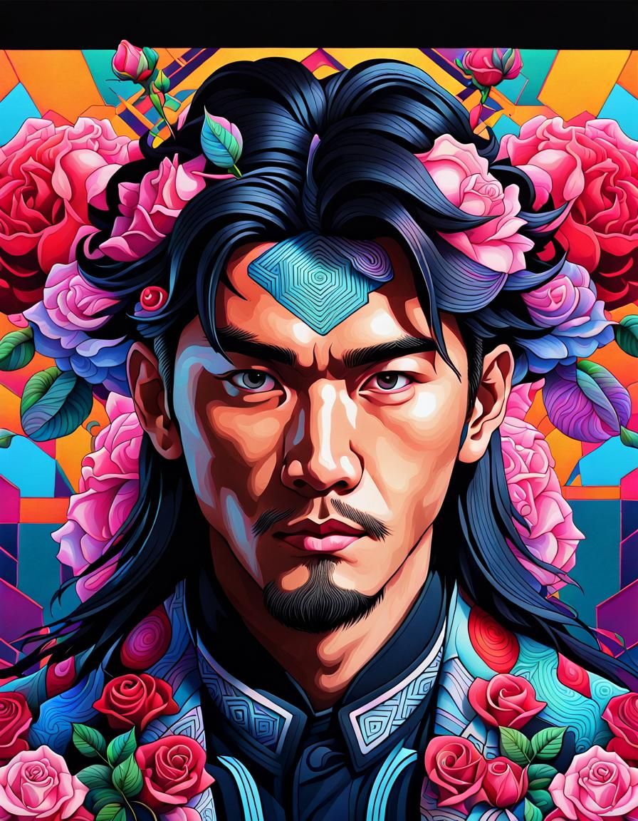 East Asian Man with Roses in Expressionist Style