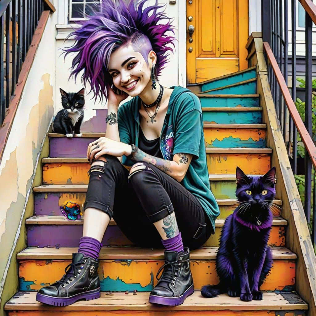 Girl with Purple Mohawk Sits with Black Kitten in Colorful O...