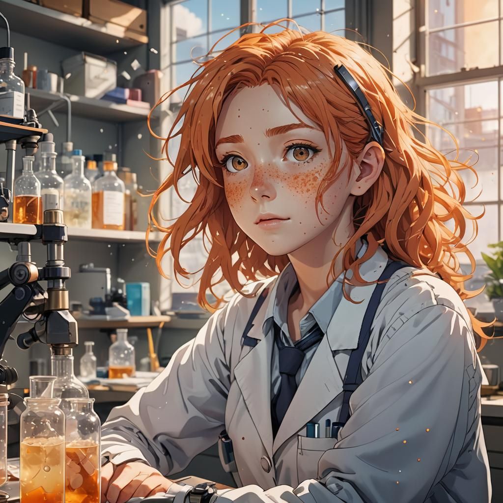 Anime Scientist Woman with Freckles in Lab