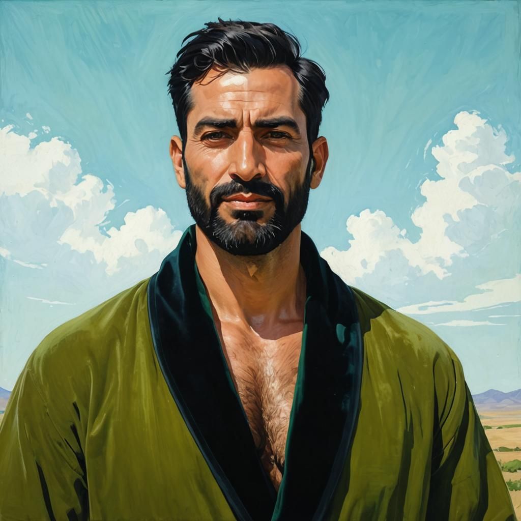 Iranian Man in Green Velvet Robe: Gouache Portrait