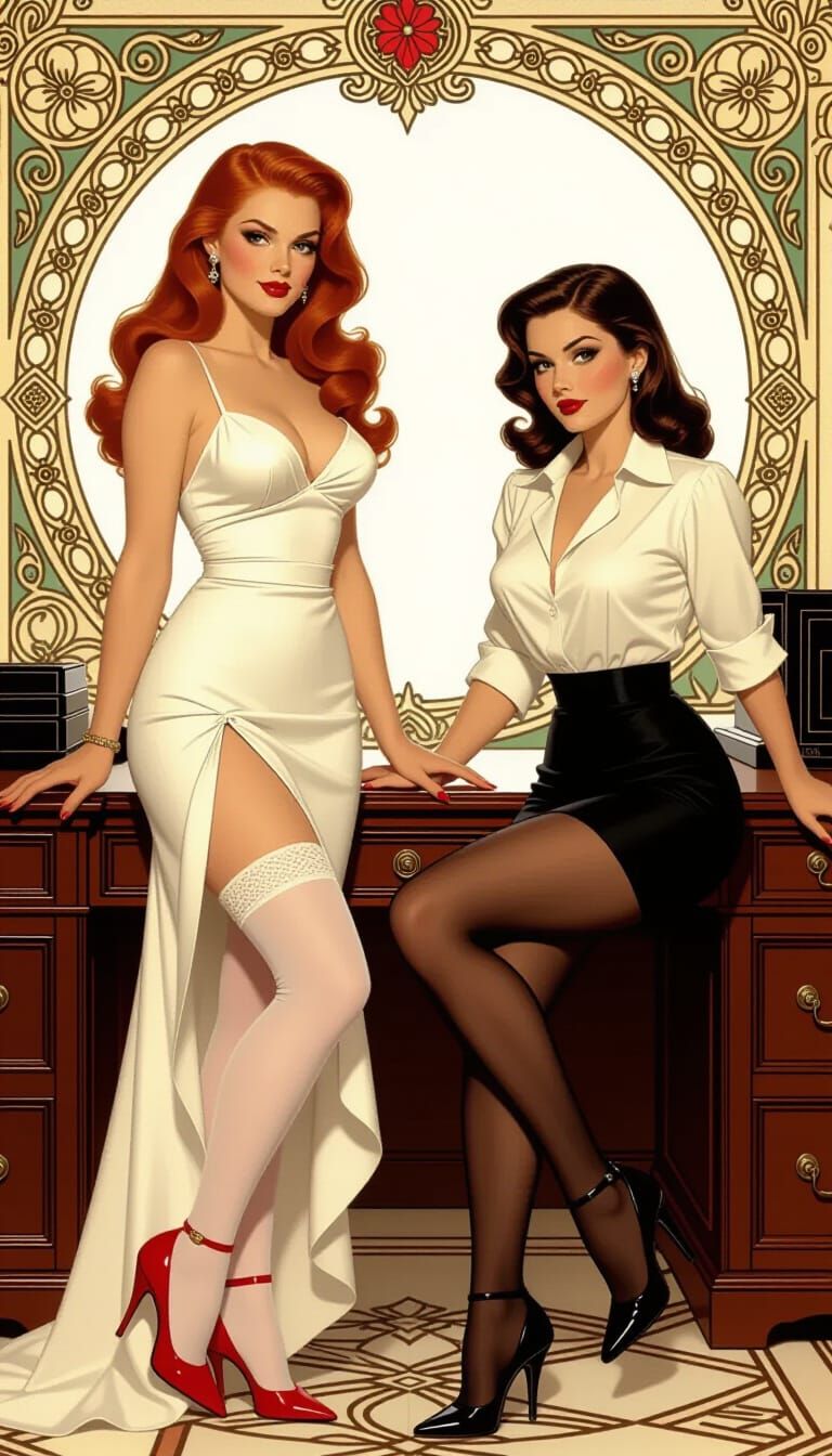 Office Scene with Two Women in Dramatic Lighting