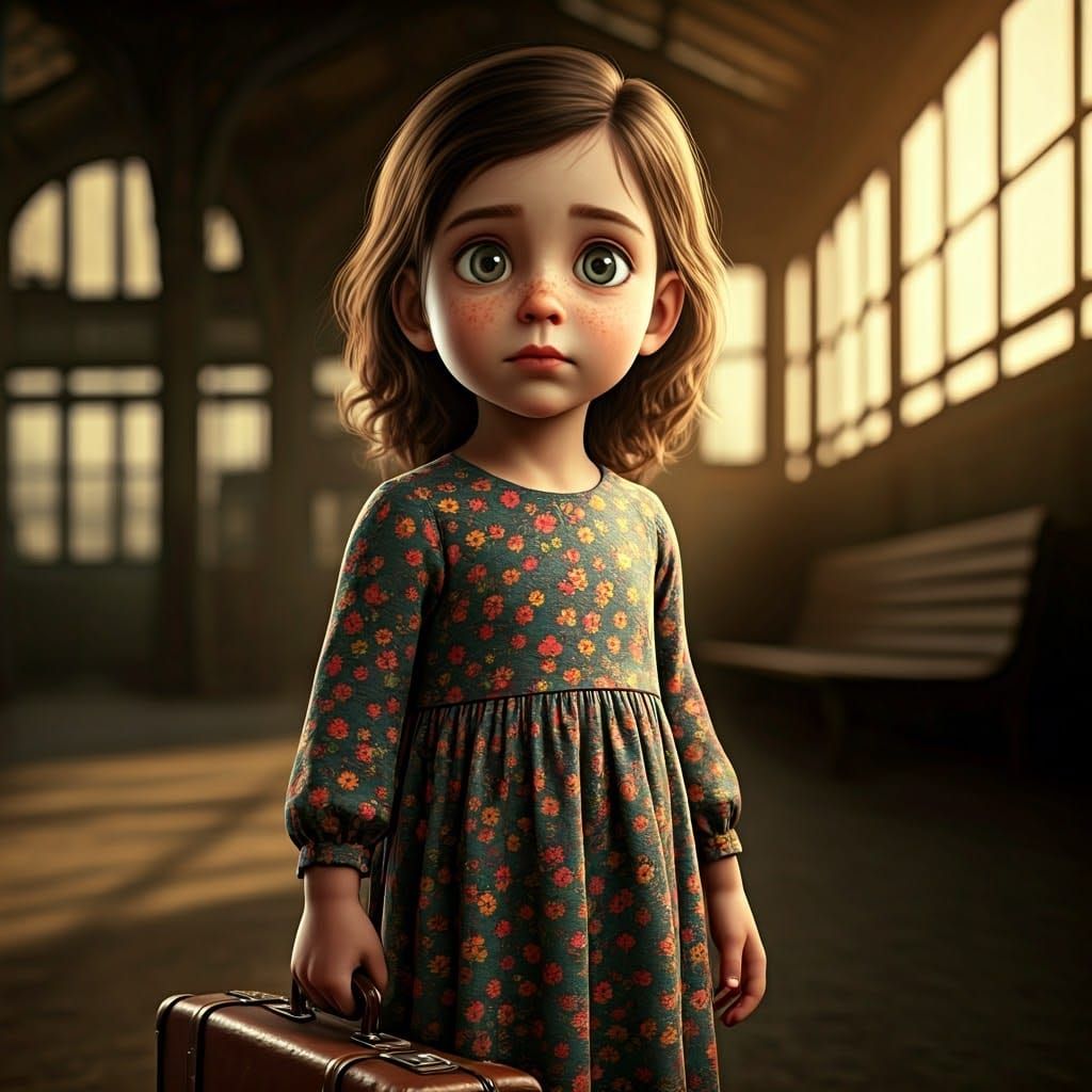 Vintage Girl at Train Station in Hyper-Realistic 3D Style