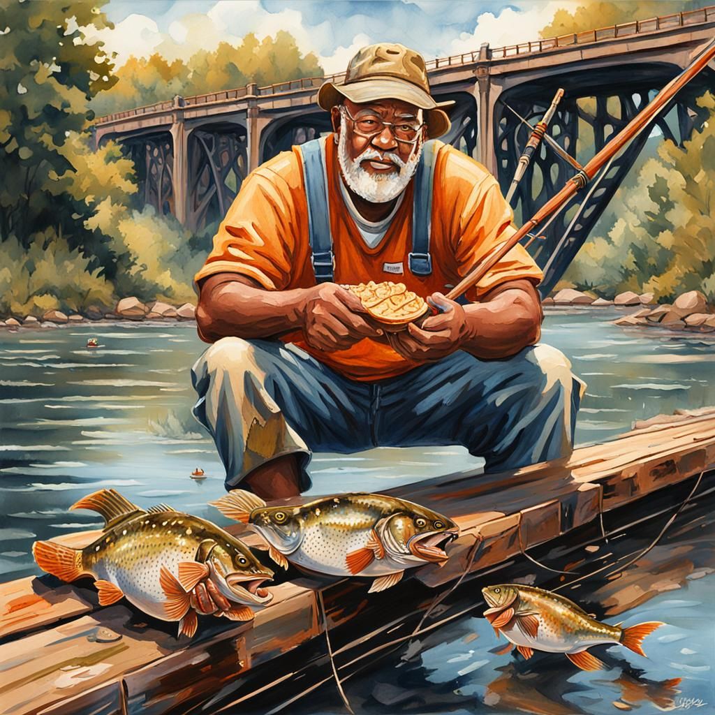 Basketball Player's Surreal Fishing Trip: Gouache Style