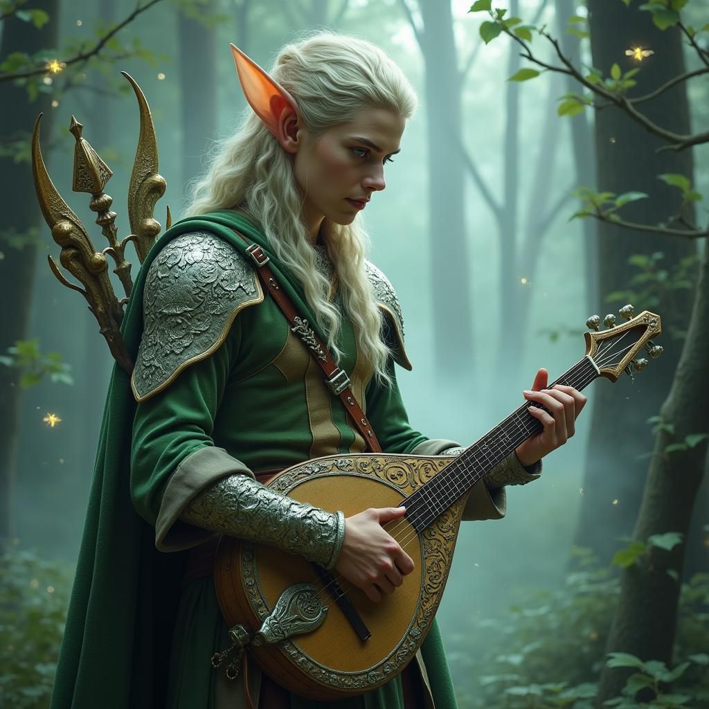 Ethereal Wood Elf Bard in Mystical Forest