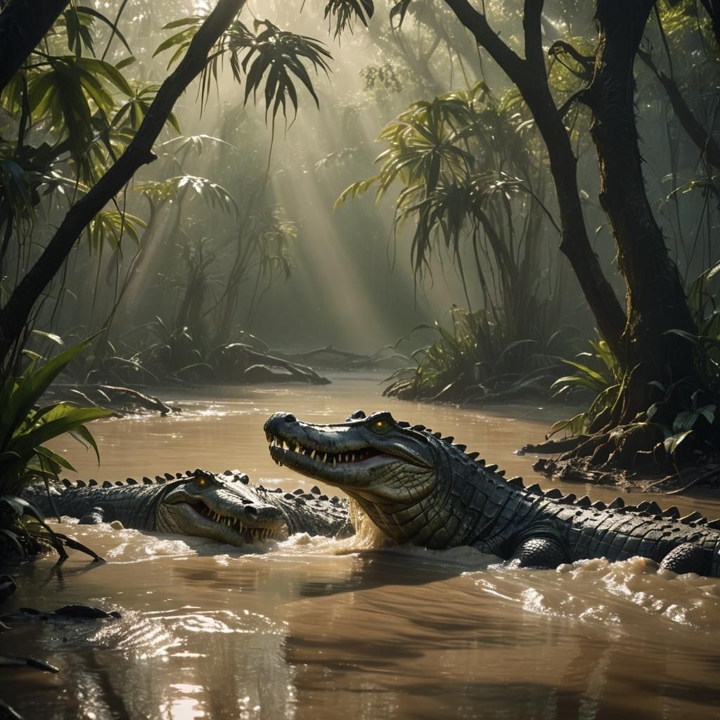 Crocodiles in Eerie Jungle Landscape, Surrealism Style