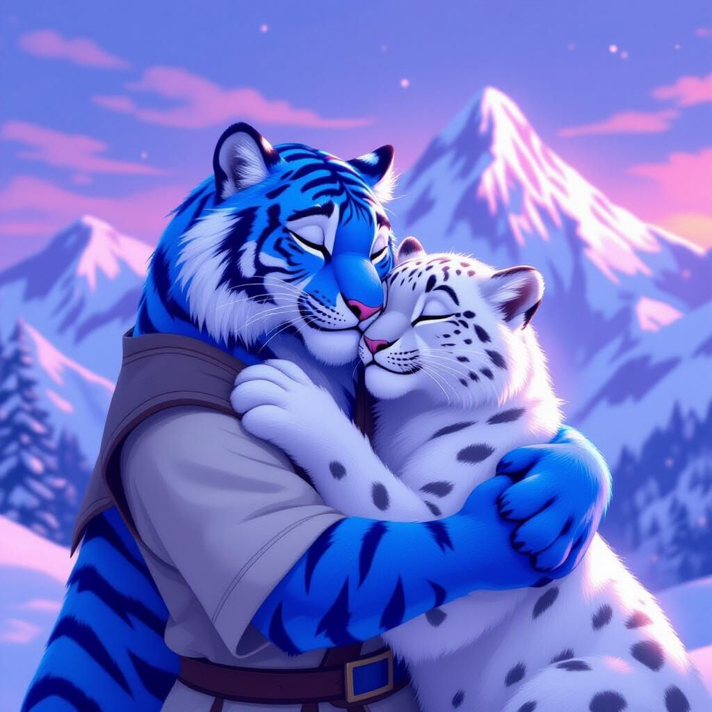 Anthro Blue Tiger Hugs Snow Leopard in Twilight Mountain Sce...