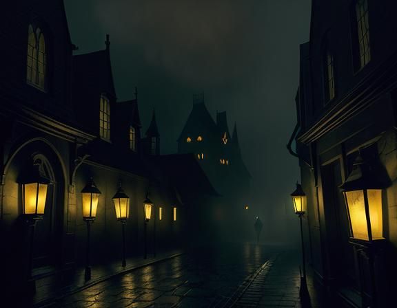 Hooded Figure in Misty Alleyway: Dark Fantasy Art