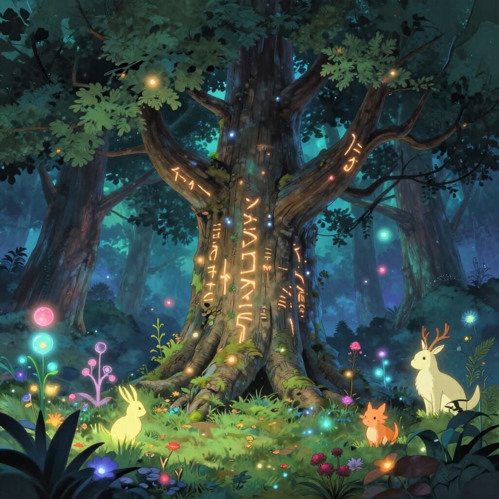 Ancient Tree with Glowing Runes in Mystical Forest Clearing