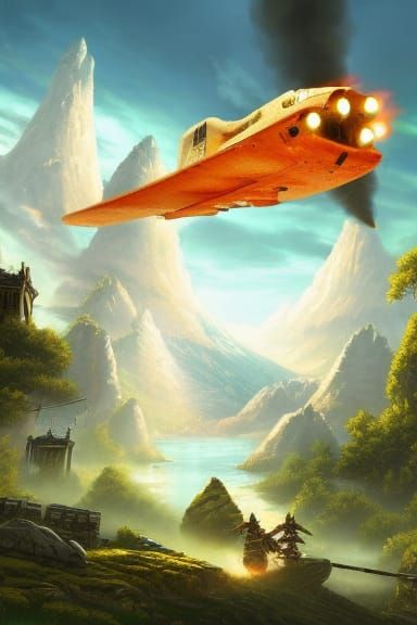 Fiery Japanese Airship in Post-Apocalyptic Cornpunk Style