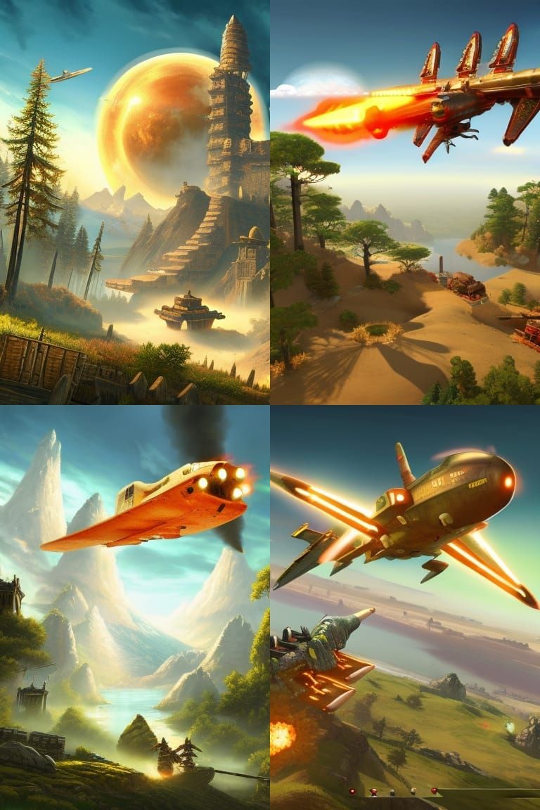 Fiery Japanese Airship in Post-Apocalyptic Cornpunk Landscap...