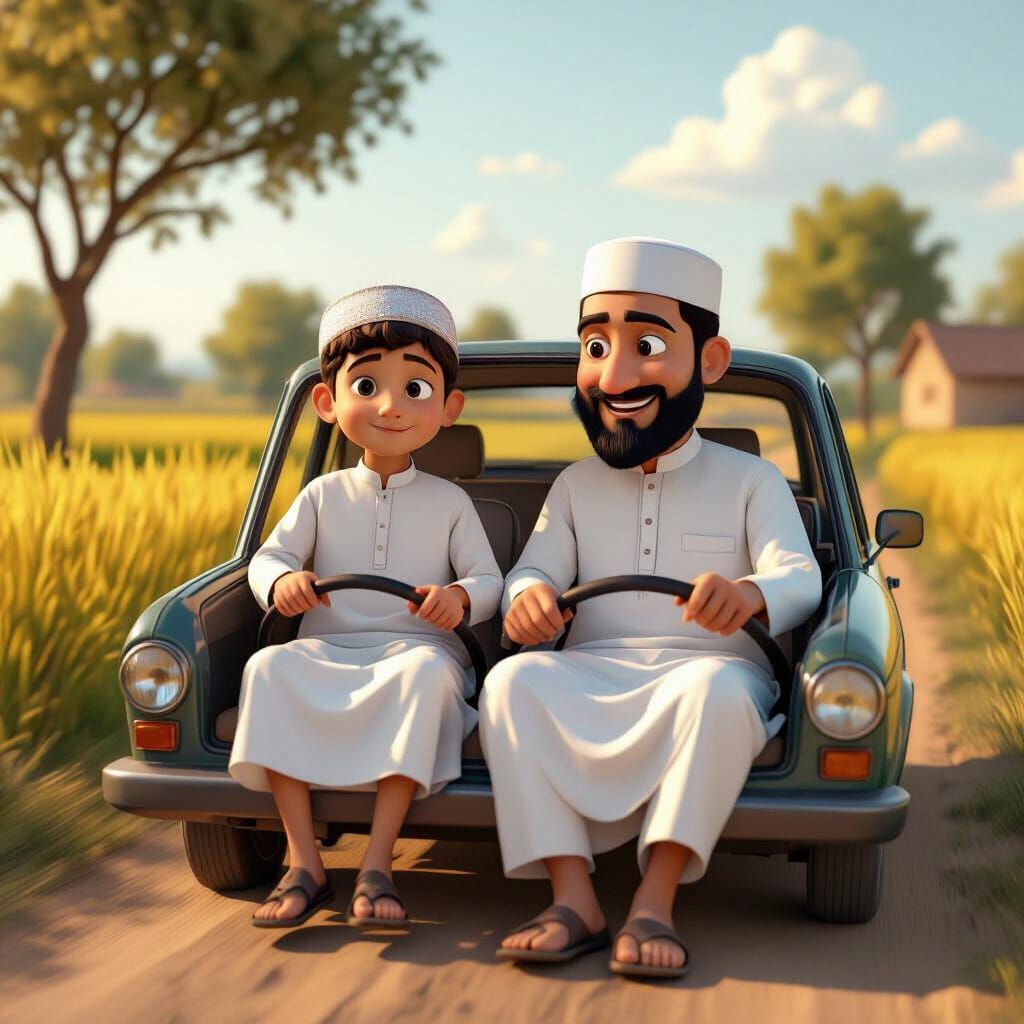 Muslim Father and Son: 3D Rendered Village Scene