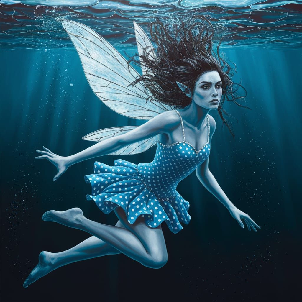Blue Fairy Swimming in Ocean as Detailed Matte Painting