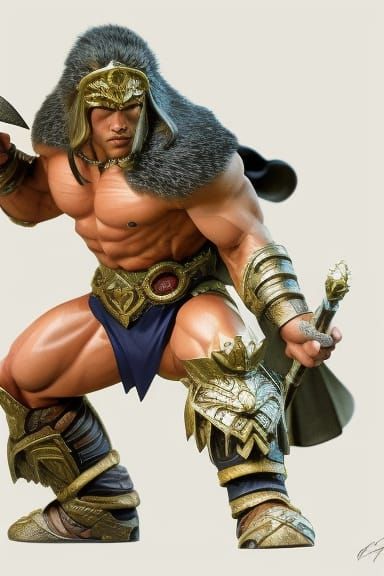 Barbarian with Flaming Torch in Dark Cave