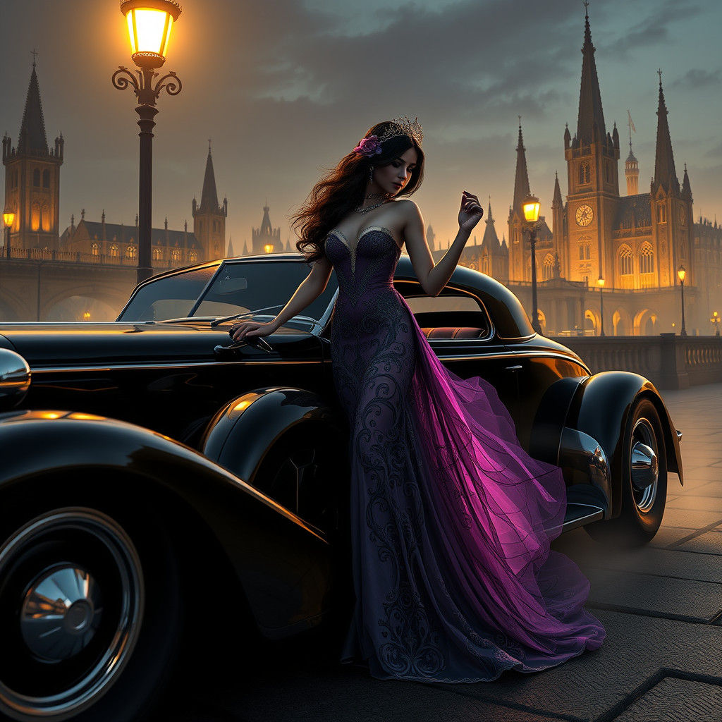 Mystical Woman Steps into Hotrod, Art Nouveau Style