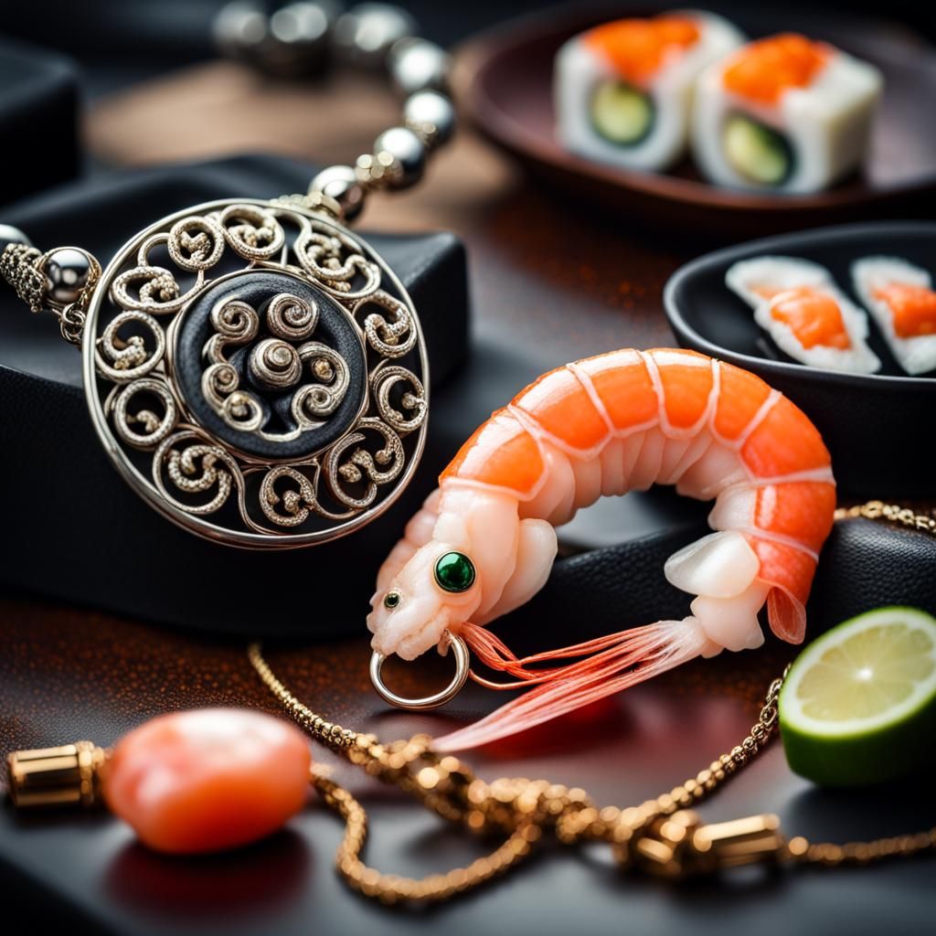Hyperrealistic Sushi and Shrimp Jewelry Still Life