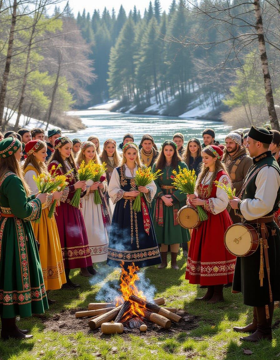 Slavic Spring Festival Ritual in Sunlit Forest