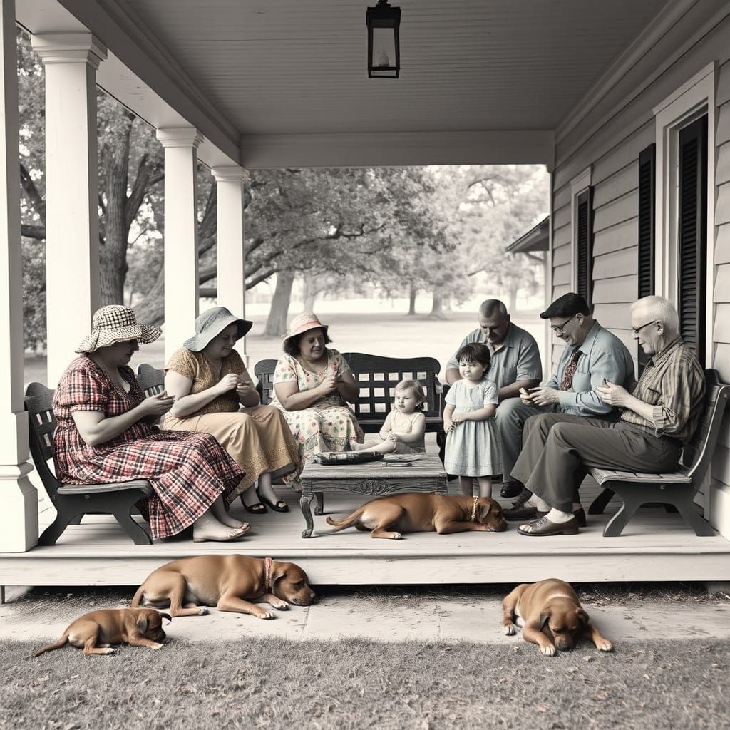 Country Life on a Farmhouse Porch in the 1930s