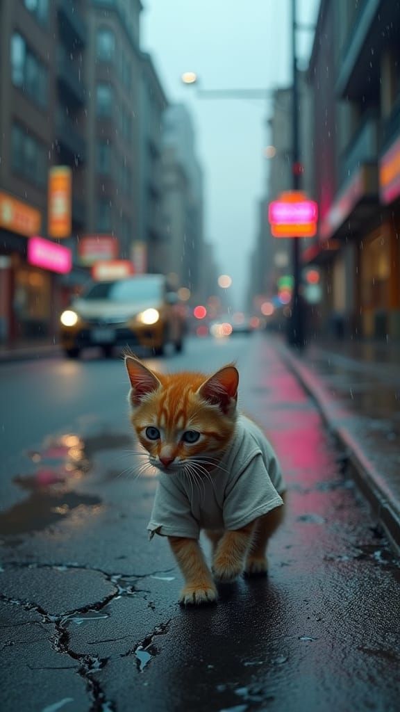 Rain-Soaked Kitten Walks Alone on City Street at Dawn