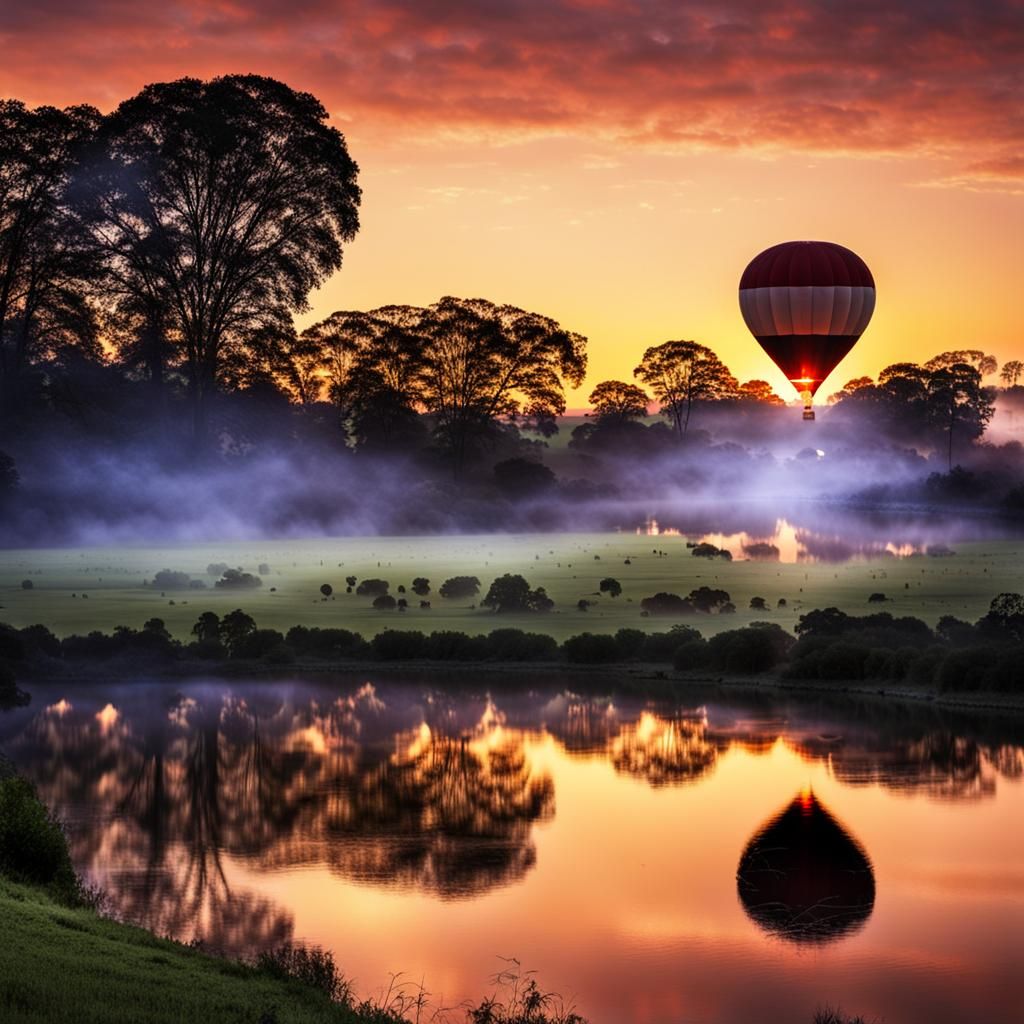 Hot Air Balloon Glowing at Dawn