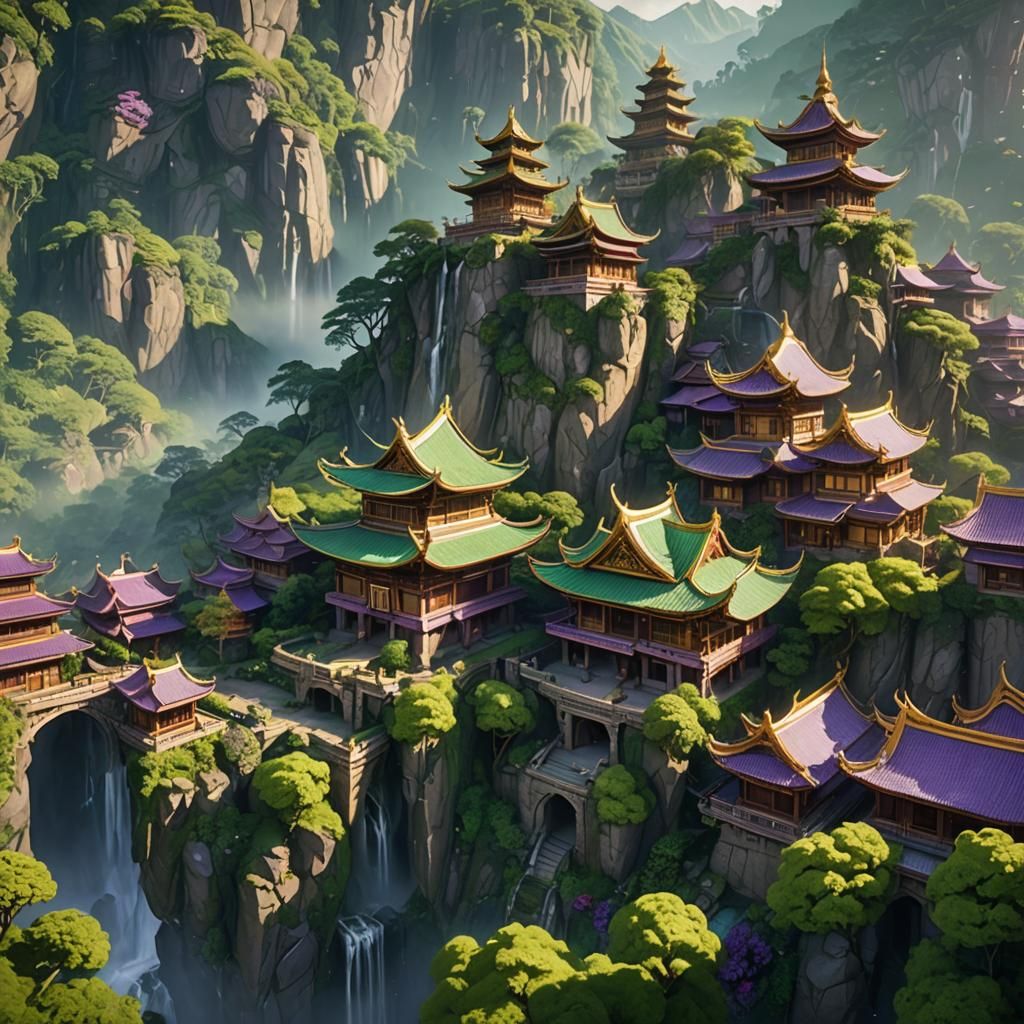 Lush Hidden Valley with Asian Architecture