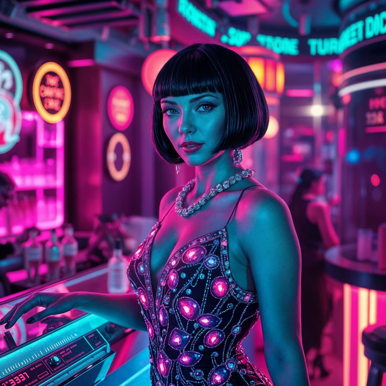 Futuristic Flapper in Neon Speakeasy, Art Deco Cyberpunk
