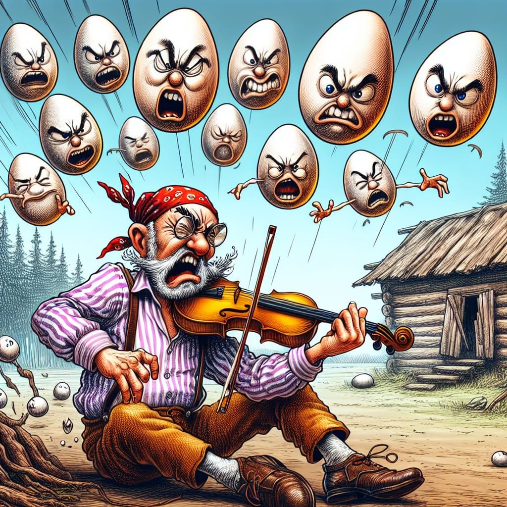 Humorous Eggs Divebombing Bad Violin Player