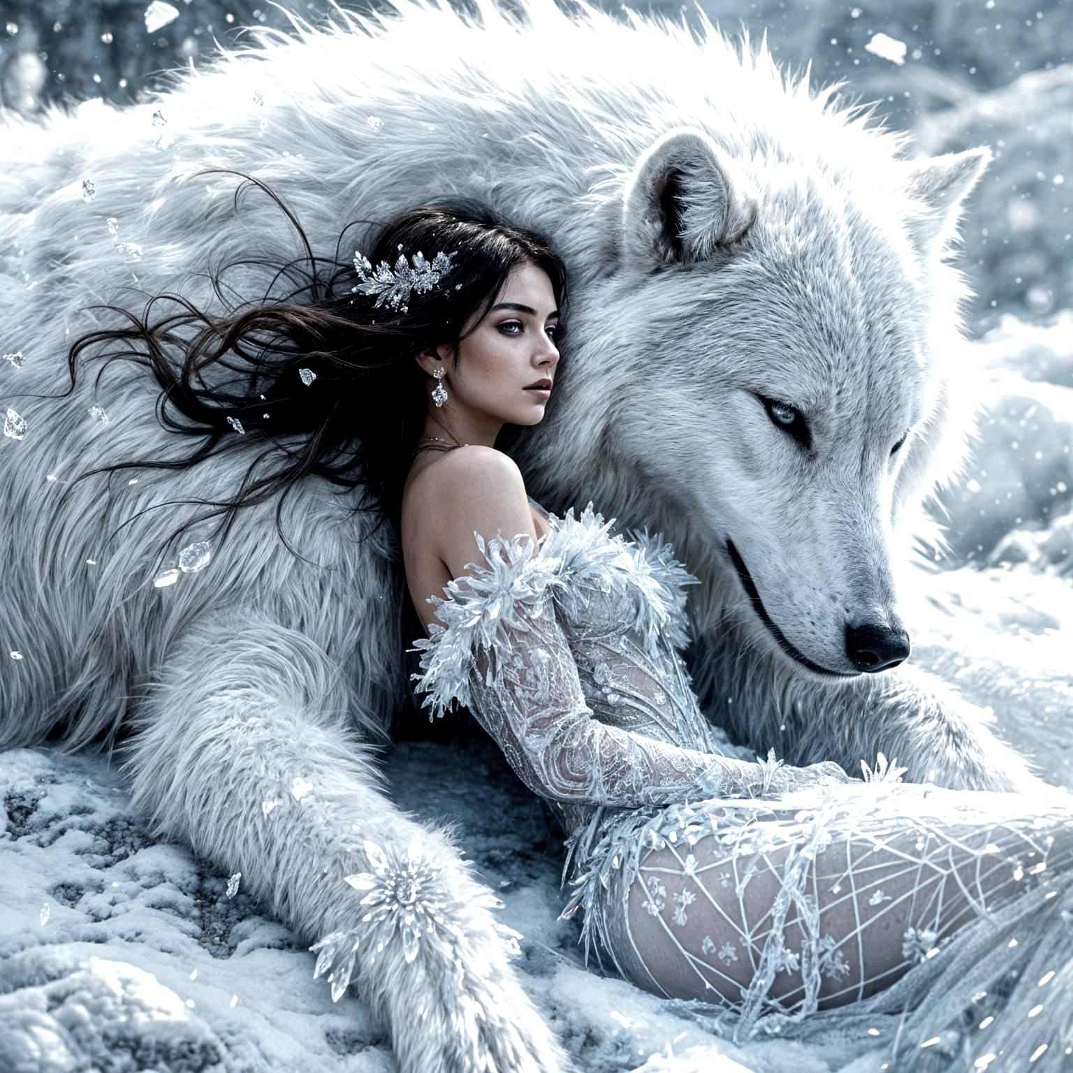 Crystal Enchanted Woman Leans Against Regal Snow Wolf in Tri...