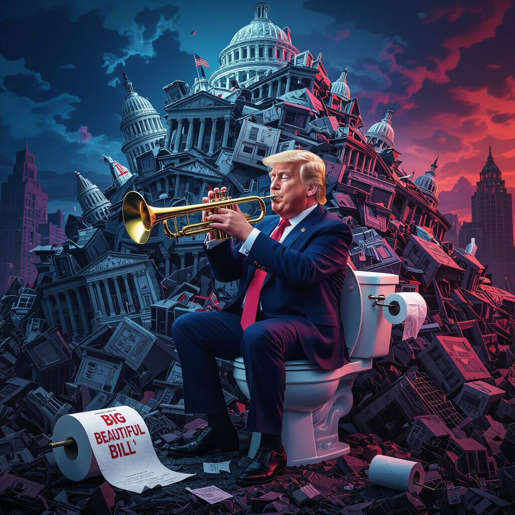 Donald Trump Caricature on Trash Heap, Matte Painting